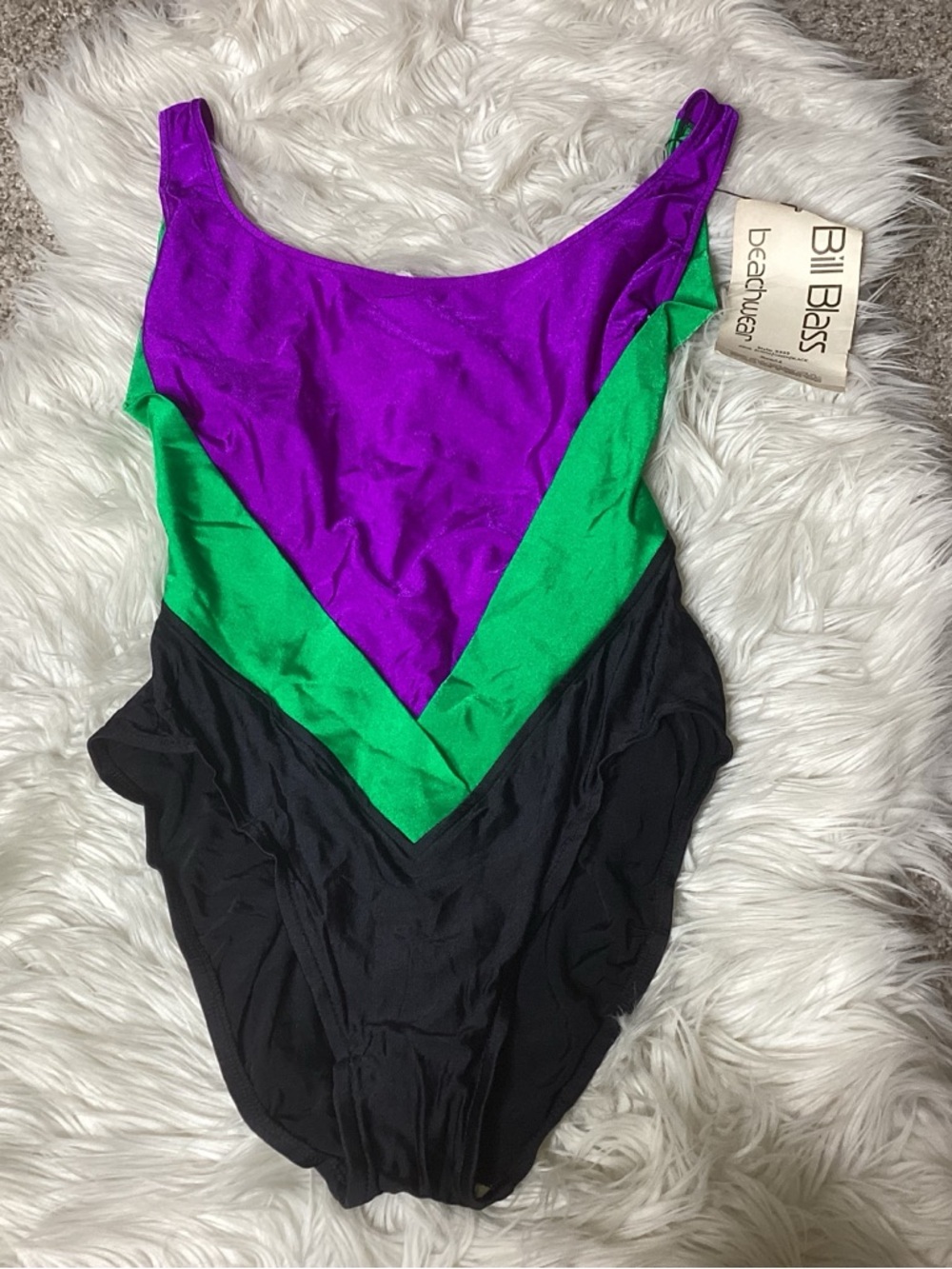 Vintage NOS Bill Blass One-Piece Swimsuit Colorblock Black Green Purple NWT 14